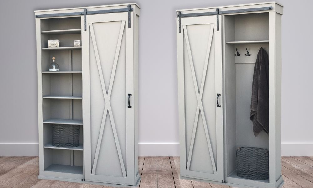 Barn Door Cabinet with Hooks for Entryway - Image 1