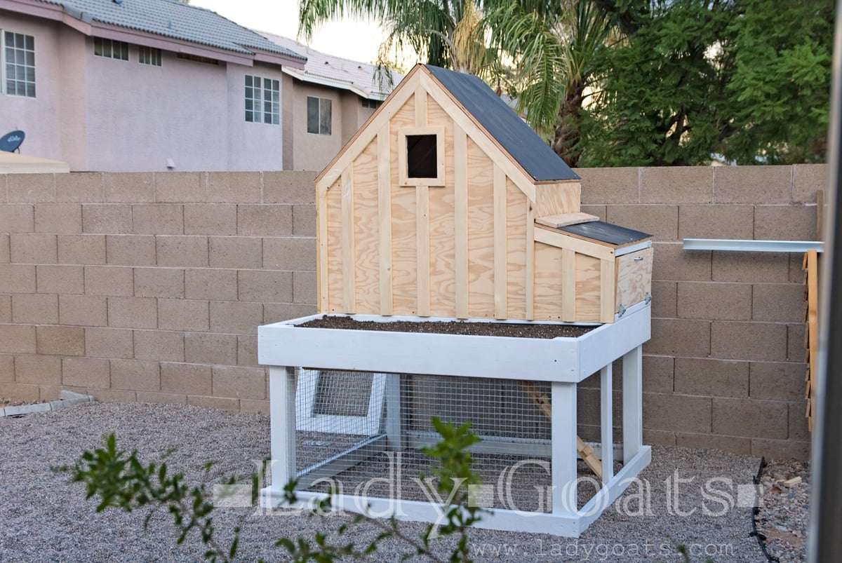 Small Chicken Coop with Planter, Clean Out Tray and Nesting Box woodworking plan